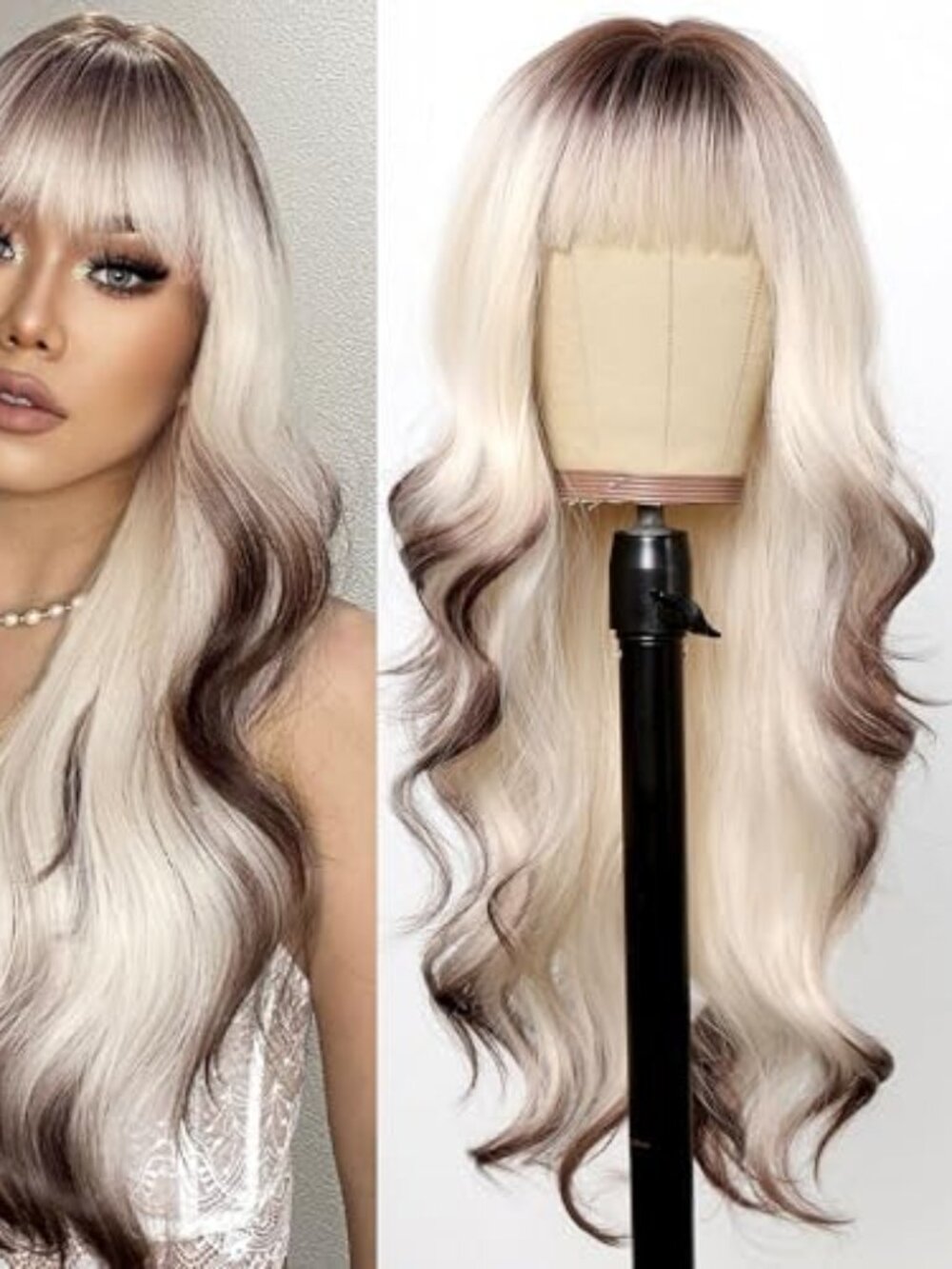 Long Platinum Blonde Wavy Wigs For White Women 26 Inch Brown and White Wigs